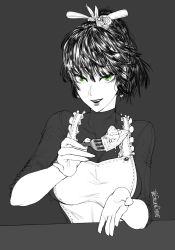 Rule 34 | 1girl, :d, apron, breasts, cake, dress, feeding, flower, food, fubuki (one-punch man), green eyes, grey background, greyscale, hair flower, hair ornament, hair ribbon, highres, incoming food, large breasts, lips, looking at viewer, monochrome, one-punch man, open mouth, pov, pov across table, pov feeding, ribbon, rose, short hair, signature, simple background, smile, solo, spot color, strawberry shortcake, the golden smurf, upper body
