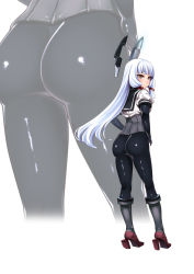 Rule 34 | 1girl, ass, back, black gloves, blunt bangs, boots, corset, cosplay, from behind, full body, gloves, glowing, grey footwear, hair ribbon, hands on own hips, hatsuzuki (kancolle), hatsuzuki (kancolle) (cosplay), headgear, hiememiko, high heel boots, high heels, highres, kantai collection, knee boots, legs apart, long hair, looking at viewer, looking back, murakumo (kancolle), no pants, pantyhose, ribbon, sailor collar, shiny clothes, shirt, short eyebrows, silver hair, solo, standing, tress ribbon, white background, white shirt, zoom layer