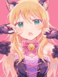 Rule 34 | 1girl, 3kio2giri, :o, animal ears, animal hands, bare shoulders, black corset, blonde hair, blush, bow, bowtie, cat ears, corset, gloves, green eyes, highres, hoshii miki, idolmaster, idolmaster (classic), idolmaster million live!, idolmaster million live! theater days, long hair, looking at viewer, messy hair, open mouth, paw gloves, pink background, pink bow, pink bowtie, solo, strapless, upper body