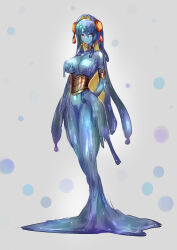 Rule 34 | 1girl, absurdres, armlet, armored corset, blonde hair, blue hair, blue skin, breasts, colored inner hair, colored skin, full body, highres, jewelry, large breasts, long hair, looking at viewer, monster girl, multicolored hair, orange eyes, original, rou senka, slime girl, solo, standing, two-tone hair, very long hair