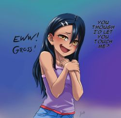 Rule 34 | 1girl, absurdres, asymmetrical bangs, black hair, blush, breasts, brown eyes, commentary, covering privates, covering breasts, cropped legs, dark-skinned female, dark skin, denim, denim shorts, earclip, english commentary, english text, fang, glaring, grin, hair ornament, hairclip, highres, ijiranaide nagatoro-san, jitome, long hair, looking at viewer, luizhtx, nagatoro hayase, open mouth, purple tank top, shorts, simple background, skin fang, smile, solo, tank top