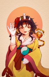 Rule 34 | 1other, androgynous, black hair, bow, candle, fang, flower, gloves, hair flower, hair ornament, highres, horns, hotaru kago, japanese clothes, kimono, len&#039;en, new year, obi, red bow, red eyes, sash, taira no chouki, white gloves, wide sleeves, yellow kimono