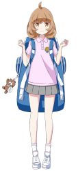 Rule 34 | 1girl, absurdres, backpack, bag, brown eyes, brown hair, clenched hands, full body, grey skirt, henkei shoujo, highres, charm (object), logo, looking at viewer, official art, pink shirt, pink shorts, pleated skirt, polo shirt, raised hands, rin (henkei shoujo), shirt, shoes, short sleeves, shorts, skirt, smile, socks, solo, stuffed animal, stuffed toy, teddy bear, transparent background, white footwear, white socks