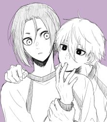 Rule 34 | 2boys, blue lock, fasola tj, finger in another&#039;s mouth, fingernails, hair between eyes, head on another&#039;s shoulder, hug, long sleeves, looking at another, mikage reo, multiple boys, nagi seishirou, pajamas, purple background, short hair, sketch, sleeves past elbows