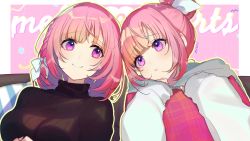 Rule 34 | bow, eyebrows, frown, hair bow, hair ornament, hassan (sink916), pink hair, purple eyes, ribbed sweater, short hair, smile, sweater, virtual youtuber
