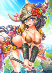 Rule 34 | 1girl, armor, axe, bambi01, bikini, bikini armor, blue eyes, blue flower, blue rose, blush, breasts, brown hair, cleavage, collarbone, covered erect nipples, fake horns, female focus, flower, grey hair, helmet, horned helmet, horns, large breasts, leaning forward, long hair, looking at viewer, open mouth, original, palm tree, rose, smile, solo, sunflower, swimsuit, thighhighs, torn clothes, torn thighhighs, tree, very long hair, viking, weapon, wet, white thighhighs