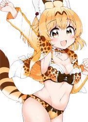 Rule 34 | 10s, 1girl, :d, adapted costume, animal ears, arato asato, arm up, blonde hair, blush, bow, bow panties, bowtie, bra, breasts, clenched hand, collarbone, commentary request, cowboy shot, earclip, fang, highres, kemono friends, lingerie, looking at viewer, medium breasts, no pants, open mouth, panties, print bow, print bowtie, print bra, print neckwear, print panties, serval (kemono friends), serval print, serval tail, simple background, smile, solo, stomach, tail, underwear, white background, yellow eyes