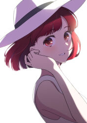 Rule 34 | 1girl, arima kana, bob cut, chouchou aile, dress, hat, hat ribbon, highres, inverted bob, looking at viewer, oshi no ko, red eyes, red hair, ribbon, short hair, simple background, smile, solo, upper body, white background, white dress, white hat