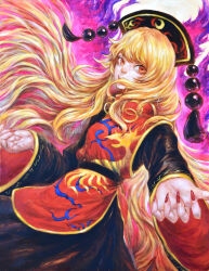 Rule 34 | 1girl, aura, black dress, blonde hair, dress, energy, energy tail, fingernails, highres, johnalay, junko (touhou), long hair, long sleeves, looking at viewer, multiple tails, nail polish, open mouth, painting (medium), phoenix crown, red eyes, red nails, red tabard, sharp fingernails, smile, tabard, tail, tassel, teeth, touhou, traditional media, upper teeth only, very long hair, wide sleeves