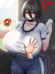 Rule 34 | 1boy, 1girl, black hair, blue archive, bottle, breasts, cameltoe, choker, collarbone, deep skin, disembodied hand, dot nose, doughnut, food, grabbing, grabbing another&#039;s breast, gym uniform, hair between eyes, halo, hasumi (blue archive), holding, holding bottle, holding food, huge breasts, long hair, looking at viewer, male hand, pale skin, ponytail, pov, red eyes, shorts, smile, standing, thick thighs, thighs, w arms, zetsuhei no roran
