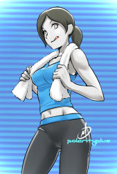Rule 34 | 1girl, :q, black hair, breasts, closed mouth, grey eyes, licking lips, looking at viewer, midriff, nintendo, pants, polarityplus, solo, spandex, sweatpants, tank top, toned, tongue, tongue out, towel, towel around neck, wii fit, wii fit trainer, wii fit trainer (female)