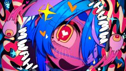 1girl absurdres animal_ears black_jacket blue_hair braid collared_shirt eyeball eyepatch fisheye hair_between_eyes heart heart-shaped_pupils highres hololive jacket long_hair looking_at_viewer medical_eyepatch monitoring_(vocaloid) open_mouth pov_peephole red_eyes shirt short_eyebrows sidelocks solo sound_effects symbol-shaped_pupils thick_eyebrows unexistarts usada_pekora virtual_youtuber white_shirt