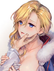 Rule 34 | 1boy, 1girl, azur lane, bad id, bad pixiv id, blonde hair, blue eyes, blush, breasts, cleavage, collarbone, earrings, gloves, unworn gloves, hair over shoulder, hand on another&#039;s chin, holding, holding clothes, holding gloves, hood (azur lane), jewelry, kaguyuzu, lips, looking at another, looking away, parted bangs, parted lips, simple background, single sidelock, solo focus, upper body, white gloves