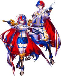 Rule 34 | 1boy, 1girl, alear (female) (fire emblem), alear (fire emblem), alear (male) (fire emblem), blue eyes, blue hair, cape, fire emblem, fire emblem engage, heterochromia, highres, holding, holding sword, holding weapon, long hair, medium hair, mika pikazo, multicolored hair, nintendo, official art, red eyes, red hair, sword, tachi-e, transparent background, weapon