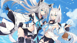 Rule 34 | 2girls, ahoge, animal ear fluff, animal ears, armpits, azur lane, bamboo shoot, black gloves, black legwear, black shorts, black skirt, blue eyes, blue neckerchief, blue sky, blush, braid, breasts, closed mouth, cloud, commentary, corrupted metadata, cowboy shot, crossover, day, detached sleeves, dutch angle, earrings, fox ears, fox shadow puppet, fox tail, gloves, green eyes, hair between eyes, half gloves, hatoyama itsuru, highres, holding hands, hololive, interlocked fingers, jewelry, kawakaze (azur lane), long hair, long sleeves, look-alike, looking at viewer, low ponytail, medium breasts, multiple girls, navel, neckerchief, ocean, open mouth, oruyanke (shirakami fubuki), ponytail, shirakami fubuki, shorts, sideboob, single earring, skirt, sky, smile, star (symbol), tail, thighhighs, thighs, very long hair, virtual youtuber, water drop, white hair, wide sleeves, zettai ryouiki