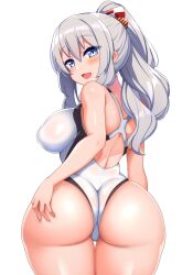 Rule 34 | 1girl, absurdres, ass, ass grab, bare shoulders, blue eyes, blush, from behind, grabbing own ass, grey hair, hair ribbon, highres, impossible clothes, impossible swimsuit, kantai collection, kashima (kancolle), kurokoshou (emuburemu123), long hair, looking back, one-piece swimsuit, open mouth, ponytail, ribbon, smile, solo, swimsuit, trefoil