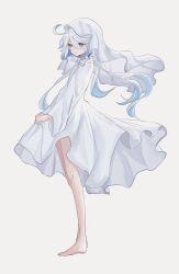 Rule 34 | 1girl, absurdres, barefoot, blue hair, dress, full body, furina (genshin impact), genshin impact, highres, karua0621, solo, standing, veil, white dress