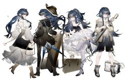 Rule 34 | 1girl, absurdres, alternate costume, arknights, astesia (arknights), bag, bare shoulders, bird tail, birthday, black pantyhose, blue eyes, blue hair, commentary, commentary request, flower, hair intakes, handbag, high heels, highres, holding, holding flower, holding umbrella, jacket, long hair, mixed-language commentary, pantyhose, rose, simple background, strap slip, suitcase, symbol-only commentary, tail, umbrella, white background, white flower, white rose, yuji (fantasia)