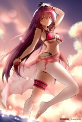 Rule 34 | 1girl, arm up, artist name, barefoot, bikini, bracelet, breasts, cleavage, cloud, commentary, fate/grand order, fate (series), flower, hair flower, hair ornament, highres, holding, jewelry, leg up, lips, long hair, looking at viewer, medium breasts, navel, outdoors, purple bikini, sarong, scathach (fate), see-through, simple background, sky, solo, stomach, sunset, swimsuit, thigh strap, thighs, toes, wading, water, water drop, zasshu