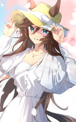 Rule 34 | 1girl, alternate costume, animal ears, blurry, breasts, brown hair, cleavage, depth of field, dress, ears through headwear, green eyes, hair between eyes, hands on headwear, hands up, hat, horse ears, horse girl, horse tail, jewelry, long hair, long sleeves, looking at viewer, misu kasumi, mr. c.b. (umamusume), necklace, open mouth, outdoors, petals, small breasts, smile, solo, standing, sun hat, tail, umamusume, white dress