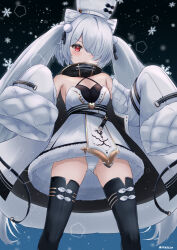 1girl absurdres azur_lane bare_shoulders black_gloves blush breasts cleavage coat_dress cone_hair_bun dress fur-trimmed_dress fur_hat fur_trim gloves grey_hair hair_bun hair_horns hair_over_one_eye hat highres kiev_(azur_lane) long_hair looking_at_viewer northern_parliament_(emblem) one_eye_covered paashe panties papakha red_eyes small_breasts snowflakes snowing solo thighhighs twintails underwear very_long_hair very_long_sleeves white_dress white_hair white_panties