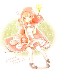 Rule 34 | 1girl, :q, apron, black footwear, blonde hair, cape, character name, cherry, cherry cookie, cielu, cookie run, dress, food, fruit, heart, hood, hooded dress, hoodie, long hair, mary janes, oversized object, pantyhose, red cape, red dress, red eyes, red hood, shoes, side ponytail, sleeveless, smile, solo, tongue, tongue out, white pantyhose