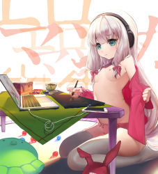 Rule 34 | 10s, 1girl, arched back, ball, blue eyes, bow, bow panties, breasts, candy, cellphone, coffee, computer, cup, drawing, drawing tablet, eromanga sensei, food, hair bow, hair ribbon, headphones, izumi sagiri, kotatsu, laptop, long hair, mouse (animal), mouse (computer), mousepad (object), nipples, no bra, no shoes, open pajamas, pajamas, panties, phone, pink bow, pink pajamas, pink panties, pocky, pout, recursion, ribbon, sidelocks, silver hair, sitting, small areolae, small breasts, small nipples, smartphone, solo, sp09, stuffed animal, stuffed toy, stylus, table, teacup, thighhighs, tissue box, tress ribbon, underwear, undressing, very long hair, wariza, white thighhighs