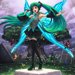 Rule 34 | 1girl, bare shoulders, black thighhighs, boots, bug, butterfly, butterfly wings, detached sleeves, flat chest, green eyes, green hair, hatsune miku, headphones, high heel boots, high heels, highres, insect, insect wings, long hair, matching hair/eyes, microphone, music, necktie, neon trim, open mouth, ryu shou, singing, skirt, solo, tattoo, thigh boots, thighhighs, twintails, very long hair, vocaloid, wide sleeves, wings, zettai ryouiki
