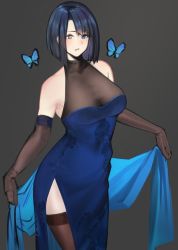 Rule 34 | 1girl, bare shoulders, blue butterfly, blue dress, blue eyes, blue hair, bob cut, breasts, brown gloves, brown thighhighs, bug, butterfly, cleavage, cowboy shot, dress, elbow gloves, gloves, grey background, hayabusa, heterochromia, highres, insect, large breasts, long dress, looking at viewer, medium hair, original, parted lips, side slit, simple background, solo, standing, thighhighs