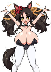 Rule 34 | + +, 1girl, animal ears, black hair, bow, breasts, brown eyes, brown hair, cleavage, ear bow, ear covers, ear ornament, ear scrunchie, hair ornament, highres, horse ears, horse girl, horse tail, huge breasts, leotard, long hair, looking at viewer, marvelous sunday (umamusume), moyashi udon, open mouth, oppai loli, playboy bunny, simple background, single ear cover, smile, solo, tail, twintails, umamusume, yellow eyes