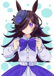 Rule 34 | 1girl, absurdres, adjusting neckwear, animal ears, black hair, blue bow, blue bowtie, blue flower, blue hat, blue rose, blue shirt, blue skirt, bow, bowtie, casual, closed mouth, collared shirt, commentary, flower, hair over one eye, hat, highres, horse ears, horse girl, long hair, long sleeves, looking at viewer, namatyoco, purple eyes, rice shower (umamusume), rose, shirt, skirt, smile, solo, standing, tilted headwear, twitter username, umamusume, wing collar