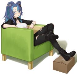 Rule 34 | 1girl, agemmata, animal ears, bear ears, bear girl, black footwear, black pants, black shirt, blue eyes, blue hair, blush, box, breasts, cardboard box, couch, crossed legs, footrest, fujikura uruka, highres, long hair, looking at viewer, medium breasts, pants, parted lips, phase connect, shirt, simple background, sitting, solo, toothpick, torn clothes, torn pants, unbuttoned, unbuttoned shirt, virtual youtuber, wristband