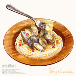 Rule 34 | absurdres, artist name, english text, food, fork, haruna macpro, highres, no humans, original, oyster, pasta, plate, red pepper, simple background, spaghetti, vongole pasta, white background