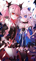 Rule 34 | 10s, 2girls, blue eyes, bow, child, crossover, crown, elsword, horns, krul tepes, luciela r. sourcream, multiple girls, owari no seraph, pink hair, pointy ears, red eyes, sakon04, smile, symbol-shaped pupils, tail, thighhighs, twintails, white background, white hair, zettai ryouiki