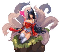 Rule 34 | 1girl, ahri (league of legends), animal ears, bare shoulders, black hair, breasts, cleavage, collarbone, detached sleeves, facial mark, fox ears, fox tail, heart, highres, kitsune, korean clothes, kyuubi, large breasts, league of legends, long hair, multiple tails, orange eyes, qbspdl, sandals, simple background, sitting, slit pupils, solo, tail, tassel, thighhighs, very long hair, white background, white thighhighs, wide sleeves