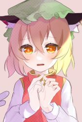Rule 34 | 1girl, animal ear fluff, animal ears, blush, brown hair, cat ears, chen, crossed bangs, fang, fuua (fxae3875), gold trim, green hat, hair between eyes, hat, jewelry, long sleeves, looking at viewer, mob cap, multiple tails, nekomata, open mouth, orange eyes, shirt, short hair, solo, tail, touhou, upper body, vest