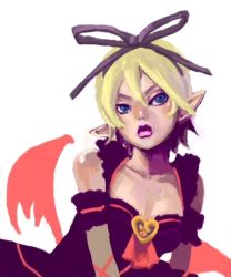 Rule 34 | 1girl, armlet, bare shoulders, blonde hair, blue eyes, breasts, cleavage, closed mouth, collarbone, expressionless, hildegard valentine, lips, looking at viewer, pointy ears, shadow hearts, shadow hearts from the new world, short hair, solo, upper body