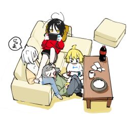 4girls agoshi_sakina ahoge annoyed black_eyes black_hair black_shorts blonde_hair blush cardigan closed_eyes coffee_mug coffee_table couch cup foot_on_another&#039;s_thigh foot_on_head from_above green_shirt grey_hair grey_pants hair_horns handheld_game_console head_back head_between_thighs holding holding_handheld_game_console indian_style kokaki_mumose long_hair long_sleeves messy_hair mug multiple_girls nintendo_switch null-meta on_couch on_ground open_mouth ottoman_(furniture) pants playing_games red_shirt shirt short_hair shorts simple_background sitting soda_bottle souen_chiaki speech_bubble table takada_shiyuki translation_request uozumi_kurumi white_background white_hair white_shirt yellow_cardigan yellow_eyes