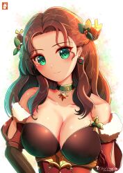 Rule 34 | 1girl, artist name, bare shoulders, braid, breasts, brown hair, chinchongcha, choker, cleavage, closed mouth, collarbone, dorothea arnault, dorothea arnault (winter), dress, earrings, fire emblem, fire emblem: three houses, fire emblem heroes, fire emblem warriors: three hopes, green eyes, highres, jewelry, large breasts, long hair, looking at viewer, nintendo, official alternate costume, official alternate hairstyle, red dress, signature, strapless, strapless dress