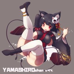 Rule 34 | 1girl, animal ears, ass, azur lane, black footwear, black hair, black kimono, blush, breasts, cat ears, cat mask, character name, curvy, detached sleeves, deto, fang, grey background, highres, japanese clothes, kimono, large breasts, leg up, mask, mask on head, open mouth, panties, partially visible vulva, red eyes, short hair, short kimono, sideboob, skin fang, solo, tassel, thick thighs, thighhighs, thighs, underwear, white panties, white thighhighs, wide hips, wide sleeves, yamashiro (azur lane)