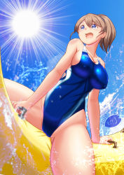 Rule 34 | 1girl, artist logo, banana boat, blue eyes, blue sky, blue one-piece swimsuit, breasts, brown hair, cameltoe, competition swimsuit, cowboy shot, dated, intrepid (kancolle), kantai collection, large breasts, moke ro, one-piece swimsuit, open mouth, ponytail, riding, short hair, sky, solo, splashing, sun, swimsuit, water