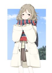 Rule 34 | 1girl, :&lt;, backpack, bag, black eyes, blue sky, blush, border, brown hair, brown skirt, closed mouth, cloud, coat, day, duffel coat, enpera, female focus, half-closed eyes, hands up, highres, looking at viewer, medium hair, miniskirt, multicolored clothes, multicolored scarf, open clothes, open coat, original, outdoors, outside border, pantyhose, parted bangs, pleated skirt, pocket, scarf, school uniform, sidelocks, skirt, sky, sleeves past wrists, solo, standing, striped clothes, striped scarf, sweater, tree, white border, white coat, white pantyhose, wide sleeves, winter clothes, yellow sweater, zagashira