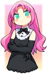 Rule 34 | 1girl, bachera, black bow, black dress, black gloves, blush stickers, bow, breasts, closed mouth, commentary, cropped torso, dress, elbow gloves, forehead, gloves, green eyes, highres, long hair, looking at viewer, original, parted bangs, pink hair, sleeveless, sleeveless dress, small breasts, solo, symbol-only commentary, upper body, very long hair