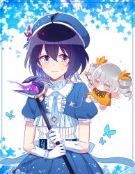 Rule 34 | 1girl, 6 (yuchae), antenna hair, bad anatomy, blue butterfly, blue eyes, blue hair, bronya zaychik, bug, butterfly, chibi, closed mouth, doll, gloves, hair between eyes, holding, holding wand, homu (honkai impact), honkai (series), honkai impact 3rd, insect, looking at another, seele vollerei, short sleeves, solo, wand, white background, white gloves