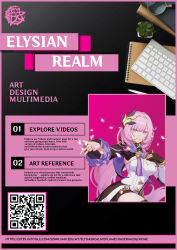 Rule 34 | 1girl, absurdres, black gloves, blue eyes, elf, elysia (honkai impact), gloves, highres, honkai (series), honkai impact 3rd, looking at viewer, non-web source, partially fingerless gloves, pink background, pink hair, pointy ears, poster (object), single glove, smile, solo, watermark, web address