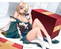 Rule 34 | 1girl, animal ear fluff, animal ears, bare shoulders, black bow, black gloves, blue eyes, bow, box, breasts, cleavage, commentary, dog ears, english commentary, fallen down, genshin impact, gift, gift box, gloves, highres, hina (genshin impact), indoors, japanese clothes, kana yukino, kimono, large breasts, light brown hair, long hair, looking at viewer, loose socks, on floor, paid reward available, socks, solo, thighs, very long hair, watermark, white socks, window