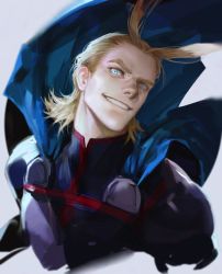 Rule 34 | 10s, 1boy, all might, alle page, antenna hair, blonde hair, blue cape, blue eyes, boku no hero academia, cape, cropped bust, cropped torso, facing viewer, grey background, grin, happy, long hair, looking at viewer, male focus, simple background, smile, solo, superhero costume, teeth, uniform, upper body, yagi toshinori, aged down