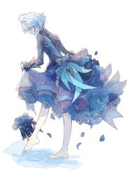 Rule 34 | 1girl, ahoge, back bow, barefoot, blue bow, blue flower, blue hair, blue hat, blue jacket, blue rose, blue skirt, blush, bow, closed eyes, closed mouth, commentary request, eyelashes, falling petals, feet, flower, flower in hat, furina (genshin impact), genshin impact, hair between eyes, hair intakes, hat, highres, jacket, layered skirt, leaning forward, long sleeves, multicolored hair, ottottouta, parted bangs, petals, rose, short hair, sidelocks, simple background, skirt, skirt hold, sleeve cuffs, smile, solo, standing, standing on liquid, streaked hair, top hat, unworn hat, unworn headwear, water, white background, white hair