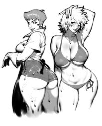 Rule 34 | 2girls, absurdres, ahoge, arm behind head, arm up, ass, bakugou mitsuki, bare shoulders, bikini, black nails, blush, boku no hero academia, breasts, character request, collarbone, copyright request, dexter&#039;s laboratory, earrings, from behind, gloves, greyscale, heart, highres, jewelry, large breasts, looking at viewer, mature female, medium hair, mom (dexter&#039;s laboratory), monochrome, multiple girls, navel, navel piercing, necklace, parted lips, piercing, shirt, short shorts, short sleeves, shorts, simple background, smile, standing, stomach, swimsuit, thighs, wet, zelus