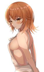 1girl absurdres apron arms_behind_back bare_shoulders blush breasts brown_eyes brown_hair from_side highres hisui_(user_zvkr2432) isshiki_iroha looking_at_viewer medium_breasts naked_apron no_bra short_hair sideboob simple_background smile solo white_background yahari_ore_no_seishun_lovecome_wa_machigatteiru.